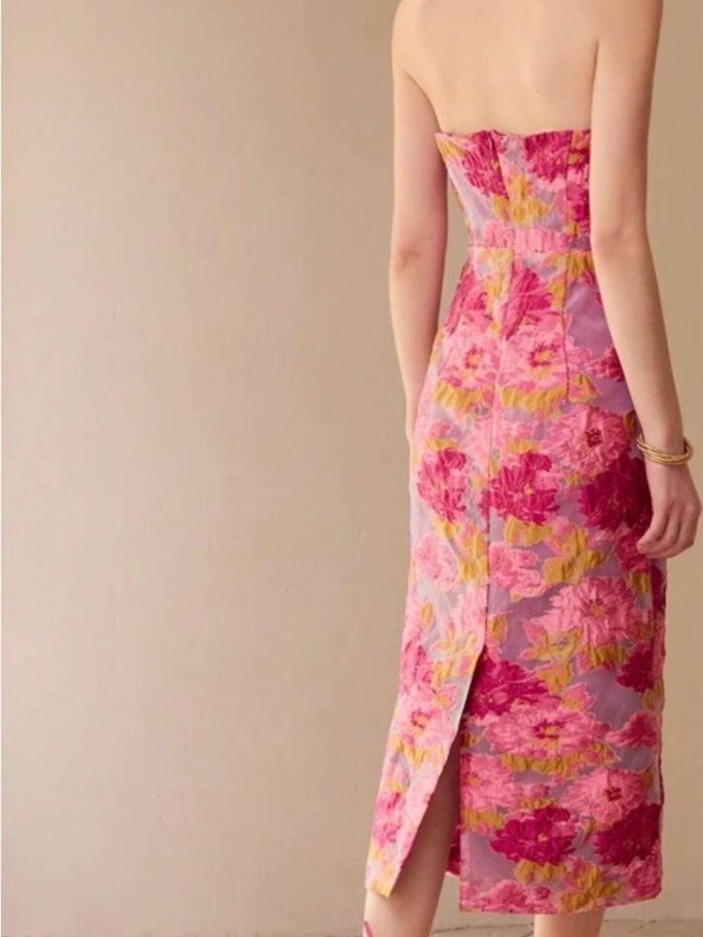 Strapless Pink Floral Midi Dress - Picture 3 of 3